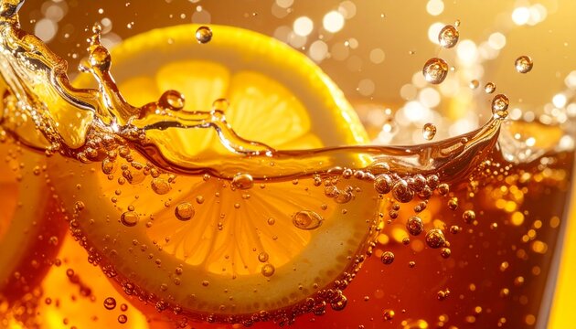 Close-up shot of refreshing beverage with lemon slice splash and visible bubbles in brightly lit liquid scene