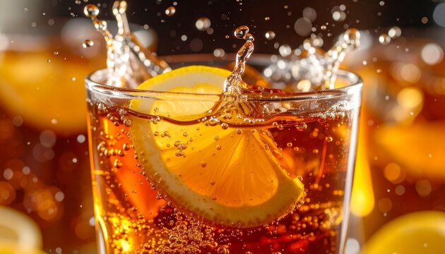 Close-up of glass iced tea with lemon slice creating splash emphasizing refreshing chilled drink sensation