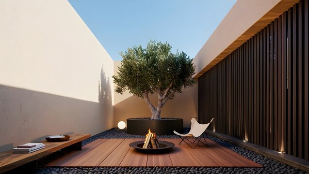 Ultra Minimalist Narrow Courtyard Atrium Open To Sky With Single Specimen Tree, Circular Firepit And Timber Deck Enclosed By Smooth Concrete Panel Walls (AI-Generated)