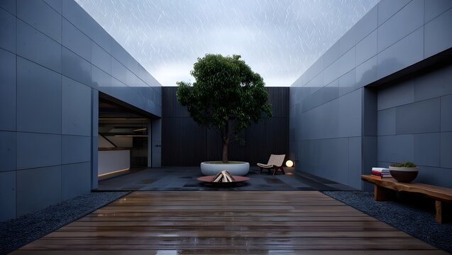 Ultra Minimalist Narrow Courtyard Atrium Open To Sky With Single Specimen Tree, Circular Firepit And Timber Deck Enclosed By Smooth Concrete Panel Walls (AI-Generated)