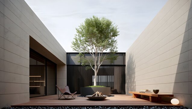 Ultra Minimalist Narrow Courtyard Atrium Open To Sky With Single Specimen Tree, Circular Firepit And Timber Deck Enclosed By Smooth Concrete Panel Walls (AI-Generated)