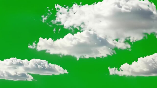 White fluffy clouds moving across green screen background.