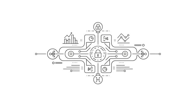 Minimalist cybersecurity infographic with data analytics and security icons