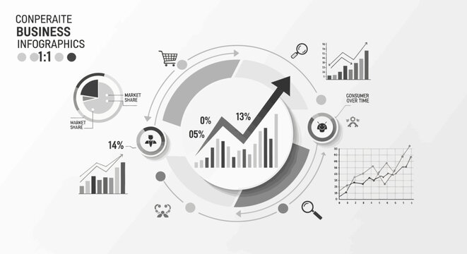 Minimalist corporate business infographic with growth charts and icons