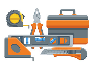 Naklejka premium An assortment of essential construction tools including a measuring tape, pliers, and a toolbox, symbolizing DIY projects and craftsmanship in home improvement.