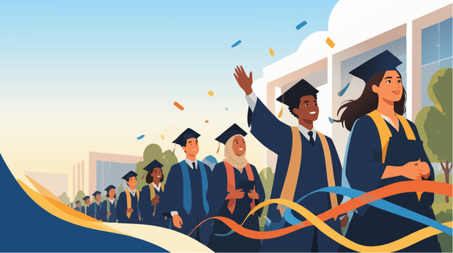 A rhythmic composition of a joyful graduation parade featuring diverse students in academic gowns, celebrating academic success and achievement in a modern flat vector illustration style.