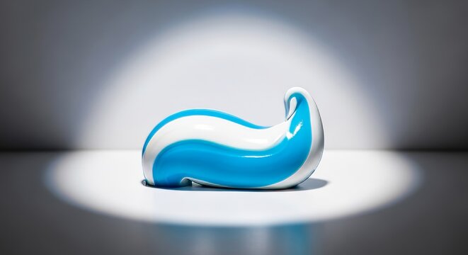 A professional macro shot of a smooth white and blue toothpaste swirl resting on a clean surface under a soft overhead spotlight glow, care, bokeh, blue