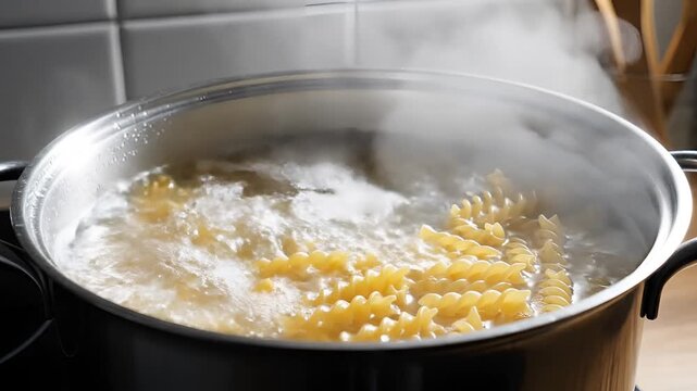 Closeup of Fusilli Pasta Boiling in a Pot of Water.