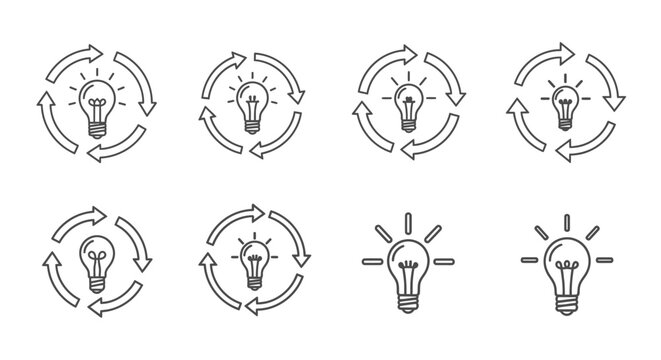 Circular arrow design elements with light bulbs representing cyclical creative processes and continuous innovation.