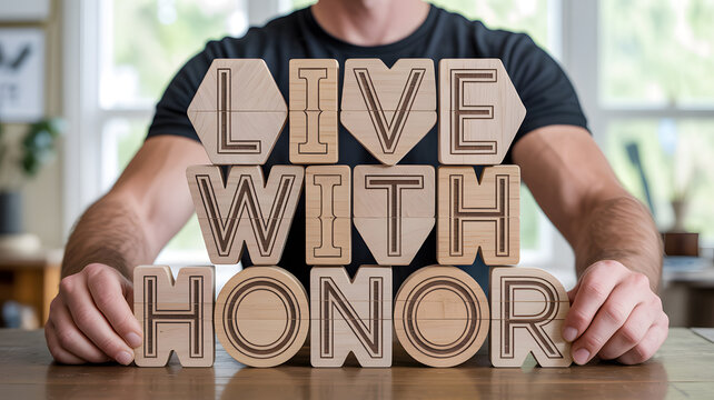 Live with honor. Personal integrity, ethical leadership, moral compass, character growth. Wooden hexagon blocks, letters, man holding. Lifestyle branding project, home office use, cinematic photo