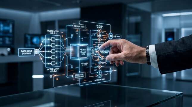 Explainable AI Neural Network Interface Showing Data Flow and Decision Logic Pathways