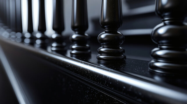 Elegant black polished wooden staircase balusters with reflective finish in luxury interior.