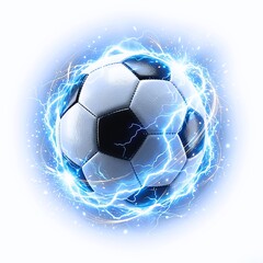 Fototapeta premium Soccer Ball with Blue Lightning Energy Sparks, Dynamic Football Championship Power Concept