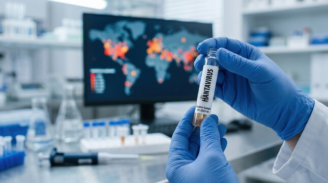A person in a lab coat and blue gloves examines a test tube marked Hantavirus. A computer screen displays a map showing virus spread across different regions