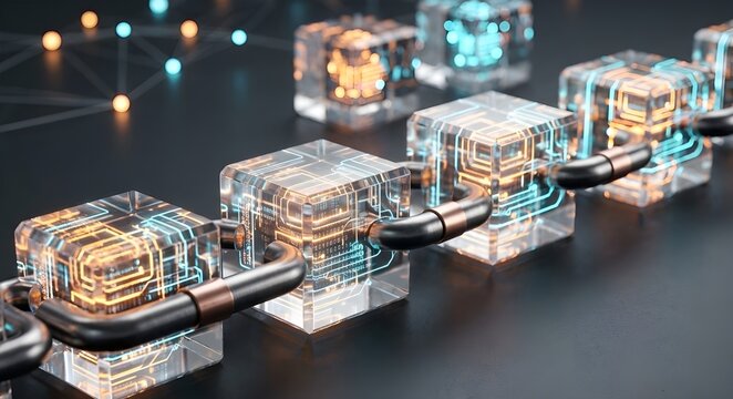 Abstract Blockchain Network with Interlocking Crystal Data Blocks and Internal Glow