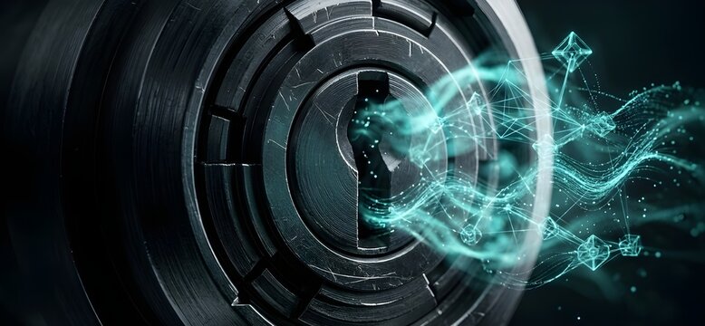 Zero Trust Cyber Security Lock with Pulsing Cyan Data Flow
