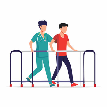 Physical Therapist Assisting Patient Walking with Parallel Bars