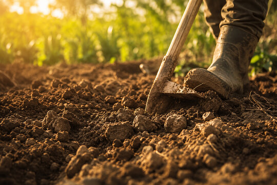 AI generated farmer digging rich garden soil with shovel in warm sunrise light natural farming atmosphere and earthy agricultural texture