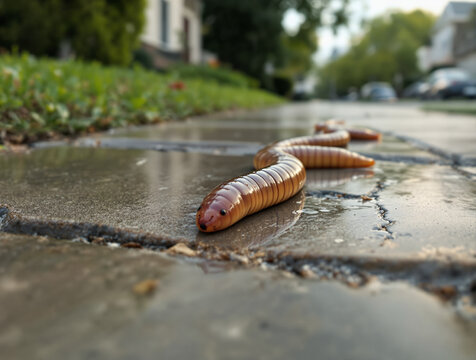 Earthworms on wet sidewalk after rain in everyday environment