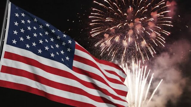 American flag waving with festive fireworks in the night sky
