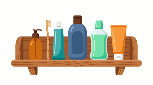 A neatly organized collection of essential personal hygiene products for daily self-care and cleanliness, including various bottles, a toothbrush, and a tube, arranged on a rustic wooden shelf