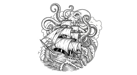 Vintage sailing ship with tentacles. © noky