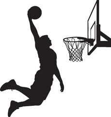  vector silhouette of a male basketball player slam dunk, scoring the ball to the net © mahadi16