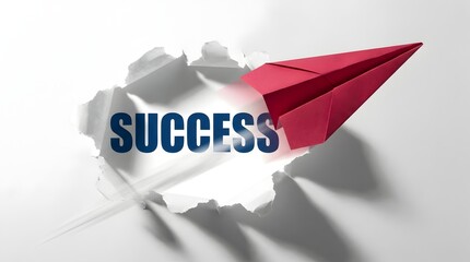 Red Paper Airplane Flying Through Torn Paper with Success Text Representing Business Breakthrough