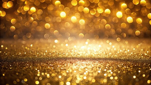 A photo of a polished gold tabletop with sparkling glitter and bokeh lights casting soft, diffused illumination around the edges The scene is complet