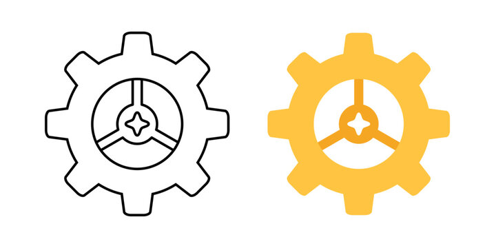 AI orchestration layer icon. Mechanical gear with central spark symbol. System coordination and automation backbone concept. Infrastructure workflow technology graphic. Minimal flat design element.