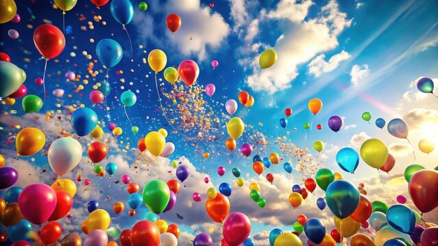 A photo of brightly colored balloons and confetti floating gracefully in a vast blue sky, with wispy white clouds dancing above, creating a vibrant an