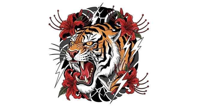 Fierce tiger head with open mouth.