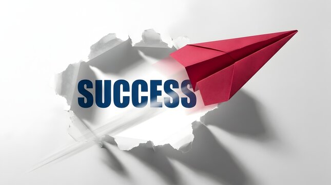 Red Paper Airplane Flying Through Torn Paper with Success Text Representing Business Breakthrough