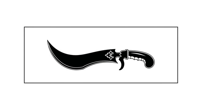 Black Silhouette of a Curved Scimitar Sword with Ornate Hilt on White Background