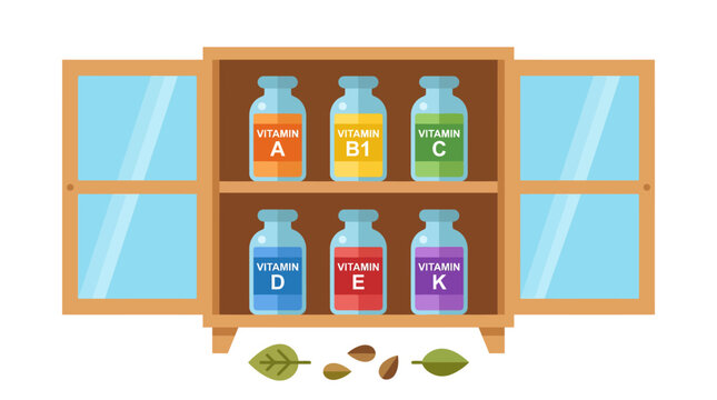 Vitamins A, B1, C, D, E, and K bottles displayed in a wooden cabinet with healthy seeds and leaves nearby
