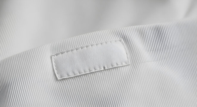 Blank rectangular fabric clothing label sewn onto soft white pleated material in this close up professional photograph showing fine stitching details and high quality textile texture for branding desi