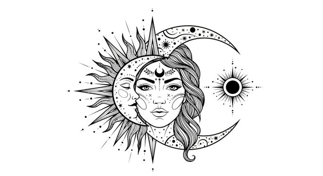 Woman face with sun moon symbols.