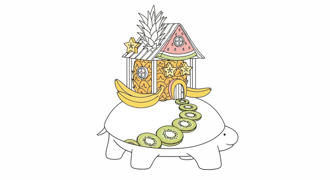 Whimsical Fruit House on Turtle Back, Healthy Food Art, Creative Design