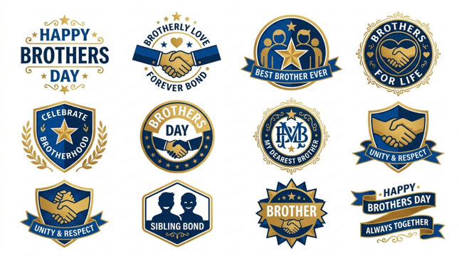 Brotherhood badges and logos for brothers day celebrations with shaking hands stars and ribbons
