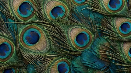 Fototapeta premium Peacock feathers overlapping in full frame macro natural texture