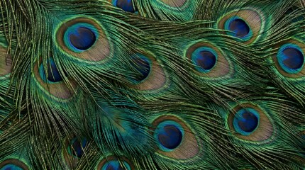 Fototapeta premium Peacock feathers layering across full frame ornate natural pattern