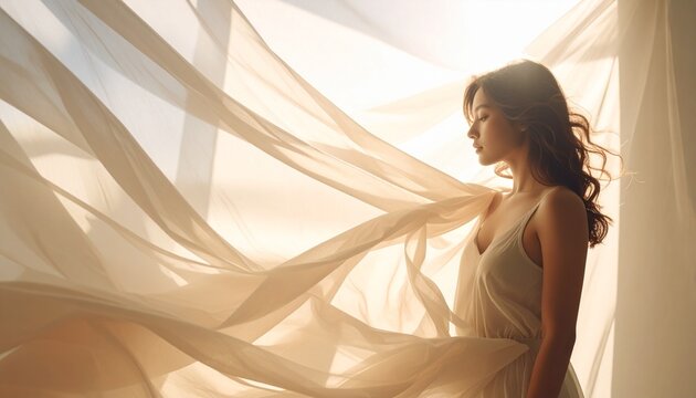Young Woman Standing Beside Flowing Fabric in Soft Sunlight