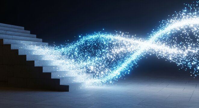 A minimalist architectural staircase crafted from stone gradually transitions into a digital stream of glowing blue and white floating pixels, particle, art, architecture