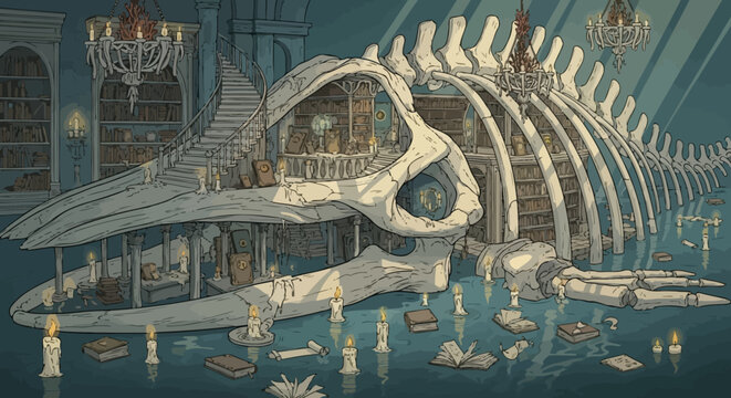 Large Whale Fish Skeleton Bones Structure.