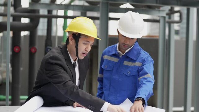 An Asian construction consultant in a suit and a technician in hardhats review MEP piping blue-prints and schematic drawings on an outdoor building site.