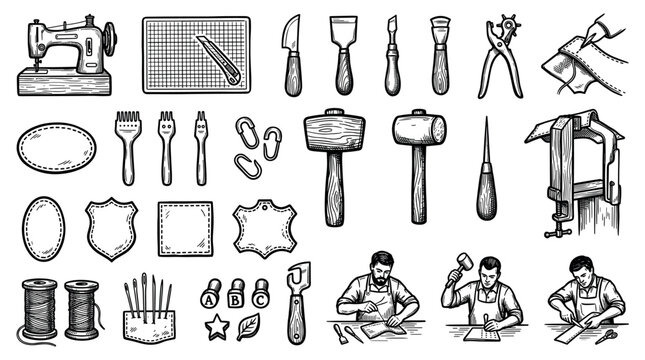 Leather crafting tools and artisan at work icon set with sewing machine, cutting mat, multiple knives, mallets, awl, punch, and leather pieces