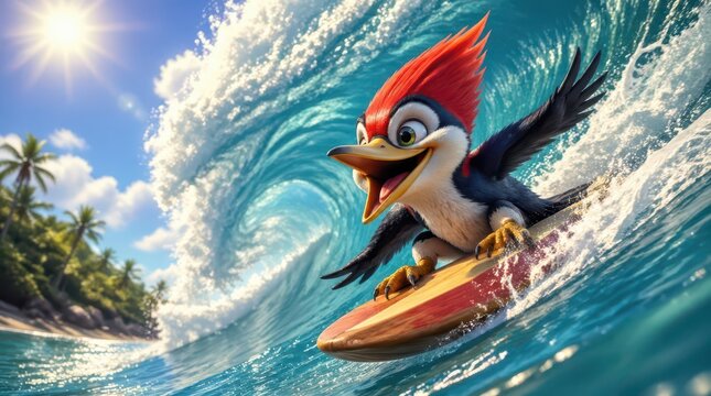 A joyous animated woodpecker catches a massive wave as tropical sunlight illuminates the swirling foam of a clear blue ocean, creating a vibrant scene perfect for high quality digital wallpapers.