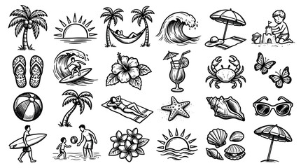 Fototapeta premium Summer beach vacation elements with palm trees, sun, waves, surfer, umbrella, and seashells hand-drawn icon set