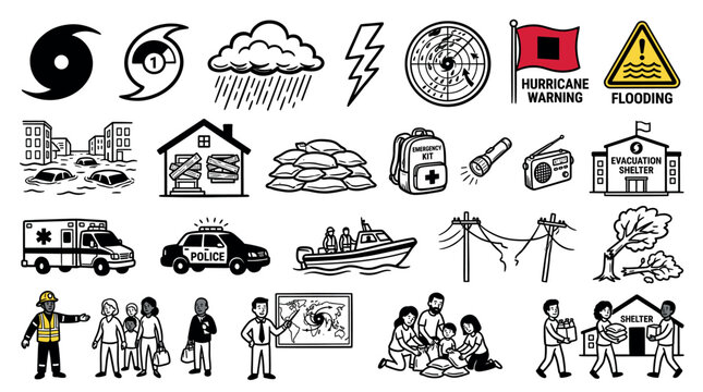 Natural disaster and emergency preparedness icons with hurricane, flood, storm, sandbags, and evacuation shelter in a flat