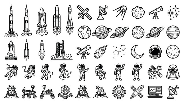 Space exploration and astronomy rocket, astronaut, planet, satellite, and telescope icon set